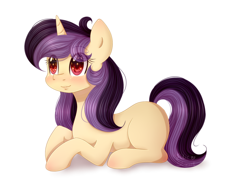 Size: 2181x1698 | Tagged: safe, artist:pony-ellie-stuart, derpibooru import, oc, unofficial characters only, pony, unicorn, blushing, eye clipping through hair, female, full body, hooves, horn, image, lying down, mare, png, prone, signature, simple background, solo, tail, transparent background, two toned mane, two toned tail, unicorn oc, watermark