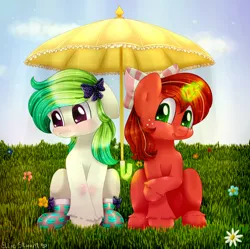 Size: 1672x1663 | Tagged: safe, artist:pony-ellie-stuart, derpibooru import, parasol, oc, unofficial characters only, earth pony, pony, unicorn, commission, cute, duo, earth pony oc, female, glow, glowing horn, grass, horn, image, nervous, png, unicorn oc, ych result