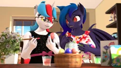 Size: 1920x1080 | Tagged: safe, artist:anthroponiessfm, derpibooru import, oc, oc:audina puzzle, oc:wavelength, anthro, bat pony, unicorn, 3d, anthro oc, bat pony oc, bat wings, brush, cute, easter, easter egg, egg, female, glasses, holiday, horn, image, looking at each other, looking at someone, png, source filmmaker, unicorn oc, wholesome, wings