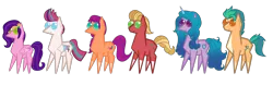 Size: 3768x1176 | Tagged: safe, artist:justapone, derpibooru import, hitch trailblazer, izzy moonbow, pipp petals, sprout cloverleaf, sunny starscout, zipp storm, earth pony, pegasus, pony, unicorn, my little pony: a new generation, big eyes, blaze (coat marking), coat markings, colored, colored wings, cutie mark, facial markings, female, g5, horn, image, male, mare, png, pointy ponies, simple background, socks (coat marking), stallion, transparent background, wings