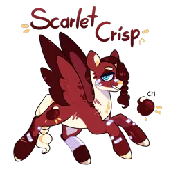 Size: 1223x1240 | Tagged: safe, artist:jaysey, derpibooru import, oc, oc:scarlet crisp, unofficial characters only, pegasus, pony, bandage, bandaid, bandaid on nose, colored hooves, female, grin, image, mare, offspring, parent:big macintosh, parent:fluttershy, parents:fluttermac, png, scar, simple background, smiling, solo, spread wings, transparent background, wings