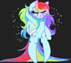 Size: 1994x1788 | Tagged: safe, artist:computershits, derpibooru import, rainbow dash, pegasus, pony, semi-anthro, alternate cutie mark, bipedal, black background, blushing, chest fluff, choker, embarrassed, female, fluffy, hoof heart, image, long hair, looking sideways, mare, png, simple background, solo, sparkles, stars