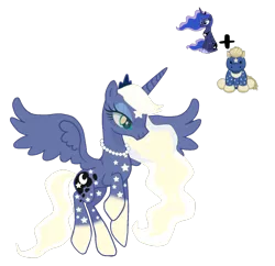Size: 3316x3204 | Tagged: safe, artist:lavender-bases, artist:vernorexia, derpibooru import, princess luna, oc, alicorn, pony, adoptable, blonde, body markings, colored hooves, ethereal mane, eyeshadow, facial markings, fusion, g4, gradient legs, image, jewelry, makeup, markings, necklace, pearl necklace, png, princess, simple background, solo, starry mane, stars, tiara, transparent background, webkinz, webkinz starty stallion