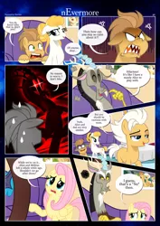 Size: 3259x4607 | Tagged: safe, artist:estories, derpibooru import, discord, fluttershy, oc, oc:fable, oc:golden jewel, draconequus, pegasus, comic:nevermore, comic, couch, eyes closed, floppy ears, image, looking at you, looking back, looking back at you, pegasus oc, png, scared, sitting, speech bubble, unshorn fetlocks, wings