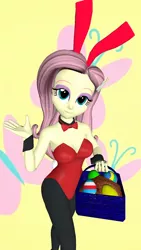 Size: 900x1600 | Tagged: suggestive, artist:oatmeal!, derpibooru import, fluttershy, equestria girls, 3d, basket, bowtie, breasts, bunny ears, bunny suit, busty fluttershy, cleavage, clothes, cuffs (clothes), cutie mark, cutie mark background, easter, easter egg, egg, gmod, holiday, image, legs together, leotard, looking at you, pantyhose, png, sexy, simple background, solo