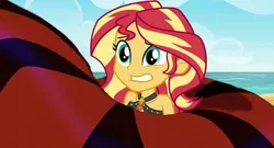 Size: 851x461 | Tagged: safe, artist:ocean lover, derpibooru import, edit, edited screencap, screencap, sunset shimmer, snake, equestria girls, equestria girls series, x marks the spot, aladdin, beach, bikini, clothes, coils, disney, female, image, jafar, jpeg, squeeze, squeezing, story included, swimsuit, this will not end well, wrapped up