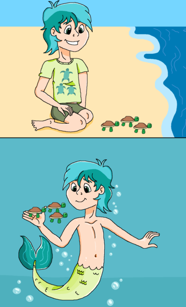 Size: 1346x2216 | Tagged: safe, artist:ocean lover, derpibooru import, sandbar, human, merboy, mermaid, merman, turtle, barefoot, beach, belly button, bubble, clothes, cute, disney style, feet, human coloration, humanized, image, male, mermanized, ocean, png, sand, sandabetes, shirt, shorts, smiling, species swap, swimming, t-shirt, teenager, underwater, water, wave