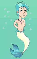 Size: 886x1397 | Tagged: safe, artist:ocean lover, derpibooru import, terramar, human, merboy, mermaid, merman, belly button, bubble, cute, disney style, hands behind back, human coloration, humanized, image, jewelry, looking at you, male, mermanized, necklace, pearl necklace, png, smiling, smiling at you, species swap, terrabetes, underwater