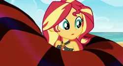 Size: 851x461 | Tagged: safe, artist:ocean lover, derpibooru import, edit, edited screencap, screencap, sunset shimmer, snake, equestria girls, equestria girls series, x marks the spot, aladdin, beach, bikini, clothes, coils, disney, female, image, jafar, jpeg, squeeze, squeezing, story included, swimsuit, wrapped up