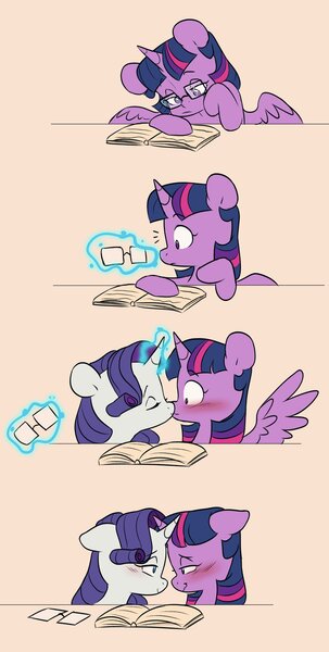 Size: 2066x4096 | Tagged: safe, artist:chub-wub, derpibooru import, rarity, twilight sparkle, twilight sparkle (alicorn), alicorn, pony, bedroom eyes, blushing, book, comic, cute, duo, female, glasses, glow, glowing horn, horn, image, jpeg, kissing, lesbian, levitation, looking at each other, looking at someone, magic, mare, raribetes, rarilight, shipping, spread wings, telekinesis, twiabetes, wingboner, wings