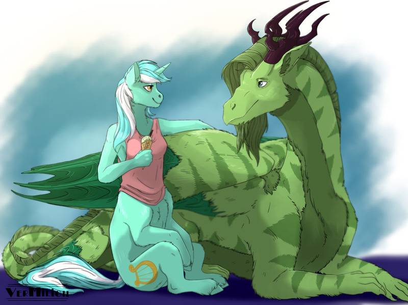 Size: 1280x959 | Tagged: safe, artist:vermilion, lyra heartstrings, oc, oc:rye, centaur, dragon, pony, unicorn, female, food, ice cream, image, jpeg, mare, ponytaur, simple background, sitting, watermark