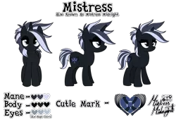 Size: 2367x1640 | Tagged: safe, artist:mistress midnight, derpibooru import, oc, oc:mistress, unofficial characters only, pony, unicorn, color scheme, cutie mark, female, image, mare, mohawk, png, reference, reference sheet, show accurate, signature, simple background, solo, transparent background, turnaround