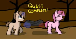 Size: 1366x708 | Tagged: safe, artist:neuro, derpibooru import, oc, unofficial characters only, pony, unicorn, colt, duo, eyes closed, female, filly, foal, image, jpeg, levitation, magic, male, runescape, smiling, telekinesis, text, walking