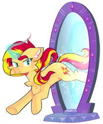 Size: 1170x1400 | Tagged: safe, artist:clairedaartiste444, artist:tat3r_444, derpibooru import, sunset shimmer, pony, unicorn, equestria girls, cheek fluff, chest fluff, ear fluff, female, glow, glowing horn, horn, image, jpeg, magic mirror, mare, mirror, mirror portal, simple background, solo, white background