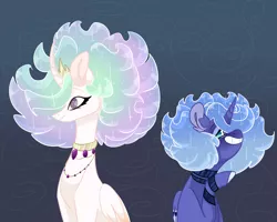 Size: 2500x2000 | Tagged: safe, artist:arirain, derpibooru import, princess celestia, princess luna, alicorn, pony, alternate hairstyle, duo, female, fluffy mane, image, jewelry, jpeg, mare, royal sisters, s1 luna, sheepish grin, siblings, simple background, sisters, smiling, younger