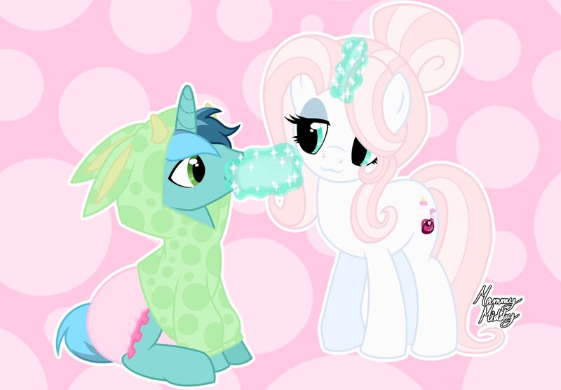 Size: 2048x1423 | Tagged: questionable, artist:mommymidday, derpibooru import, oc, oc:minty breeze, oc:mommy midday, unofficial characters only, unicorn, abdl, adult foal, baby bottle, bottle, bottle feeding, clothes, commission, diaper, diaper fetish, eyeshadow, fetish, hoodie, image, jpeg, magic, magic aura, makeup, polka dot background, poofy diaper, show accurate, show accurate porn, signature, simple background, telekinesis