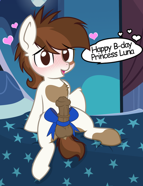 Size: 2139x2784 | Tagged: explicit, artist:tolpain, ponybooru import, pipsqueak, earth pony, pony, bed, bedroom, birthday, birthday gift, blushing, colt, dialogue, erection, foal, foalcon, heart, horsecock, image, imminent sex, implied princess luna, lunapip, male, nudity, penis, png, presenting, ribbon, shipping, solo, speech bubble, straight, underage