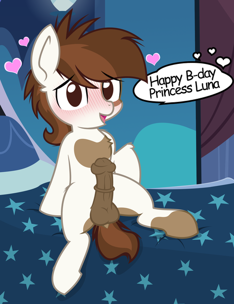 Size: 2139x2784 | Tagged: explicit, alternate version, artist:tolpain, ponybooru import, pipsqueak, earth pony, pony, bed, bedroom, birthday, birthday gift, blushing, colt, dialogue, erection, foal, foalcon, heart, horsecock, image, imminent sex, implied princess luna, lunapip, male, nudity, penis, png, presenting, shipping, solo, speech bubble, straight, underage