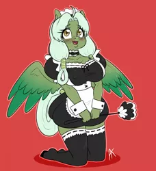 Size: 1168x1280 | Tagged: suggestive, artist:appelknekten, derpibooru import, oc, oc:broccoli, unofficial characters only, anthro, pegasus, unguligrade anthro, breasts, clothes, digital art, erect nipples, female, image, jpeg, kneeling, maid, nipple outline, open mouth, pinup, pose, simple background, socks, solo, solo female, spread wings, stockings, tail, thigh highs, thighs, wide hips, wings