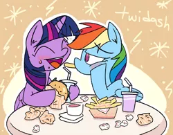 Size: 2132x1662 | Tagged: safe, artist:grilledcat, derpibooru import, rainbow dash, twilight sparkle, twilight sparkle (alicorn), alicorn, pegasus, pony, burger, female, food, french fries, image, lesbian, png, shipping, twidash