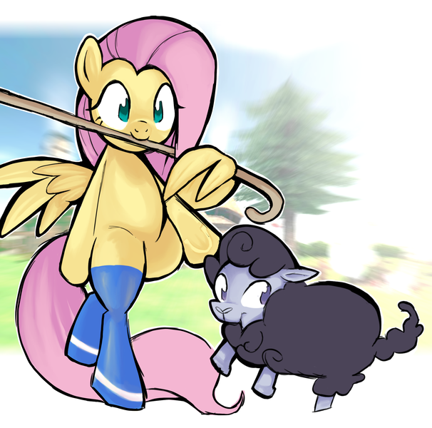 Size: 2069x2048 | Tagged: safe, artist:yidwags, derpibooru import, fluttershy, pegasus, pony, sheep, clothes, derpibooru exclusive, ewe, female, floating, image, mabinogi, mouth hold, png, shepherd's crook, socks, standing on two hooves, stockings, thigh highs, tiny ewes, wing hands, wings