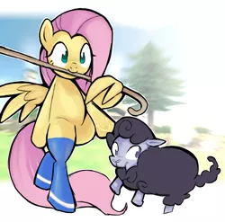Size: 2069x2048 | Tagged: safe, artist:yidwags, derpibooru import, fluttershy, pegasus, pony, sheep, clothes, derpibooru exclusive, ewe, female, floating, image, mabinogi, mouth hold, png, shepherd's crook, socks, standing on two hooves, stockings, thigh highs, tiny ewes, wing hands, wings