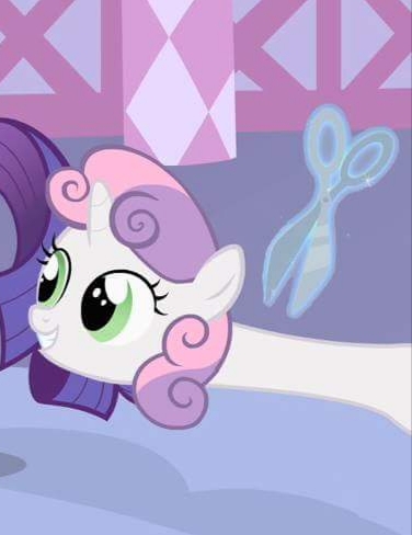 Size: 376x488 | Tagged: safe, derpibooru import, edit, edited screencap, screencap, rarity, sweetie belle, pony, unicorn, stare master, cropped, image, jpeg, long neck, out of context, scissors, solo focus, wat