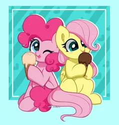 Size: 5056x5300 | Tagged: safe, artist:kittyrosie, derpibooru import, fluttershy, pinkie pie, earth pony, pegasus, pony, abstract background, absurd resolution, blushing, cute, diapinkes, duo, duo female, female, food, ice cream, image, looking at you, mare, one eye closed, png, shyabetes, smiling, smiling at you, tongue out