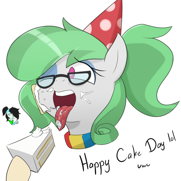 Size: 1515x1515 | Tagged: questionable, artist:hitsuji, derpibooru import, oc, oc:cheep, oc:flying colors (ktubosi83), oc:weary craft, pony, pony town, ahegao, cake, choker, cream, food, glasses, hat, heart eyes, image, le lenny face, offscreen character, open mouth, party hat, png, thumbs up, tongue out, wingding eyes