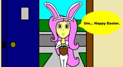 Size: 1374x748 | Tagged: safe, derpibooru import, fluttershy, equestria girls, animal costume, basket, bunny costume, bunny ears, clothes, costume, cute, door, doorway, easter, easter basket, easter bunny, easter egg, equestria girls-ified, holiday, image, png