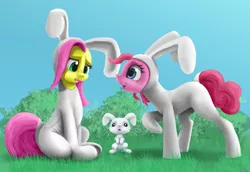 Size: 2631x1806 | Tagged: safe, artist:odooee, derpibooru import, angel bunny, fluttershy, pinkie pie, earth pony, pegasus, pony, rabbit, animal, animal costume, bunny costume, clothes, costume, easter, female, grass, heart eyes, high res, holiday, image, male, mare, png, wingding eyes