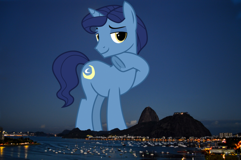 Size: 2703x1797 | Tagged: safe, artist:cheezedoodle96, artist:thegiantponyfan, derpibooru import, edit, night light, pony, unicorn, brazil, giant pony, giant unicorn, high res, highrise ponies, hoof on chin, image, irl, looking at you, macro, male, mega giant, mountain, night, photo, png, ponies in real life, raised hoof, rio de janeiro, smiling, smiling at you, stallion, underhoof