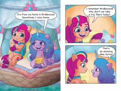 Size: 2048x1536 | Tagged: safe, artist:agnesgarbowska, derpibooru import, official, izzy moonbow, sunny starscout, pony, my little pony: a new generation, book, comic, female, g5, image, izzy comes home, jpeg, mare, preview