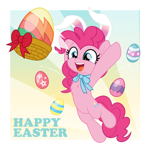 Size: 5000x5000 | Tagged: safe, artist:jhayarr23, derpibooru import, pinkie pie, earth pony, pony, absurd resolution, basket, bunny ears, chest fluff, commission, easter, easter egg, egg, happy easter, holiday, image, open mouth, open smile, png, smiling, solo, throwing, ych result