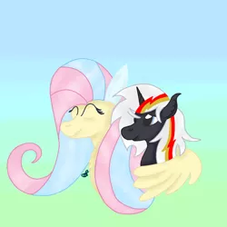 Size: 1000x1000 | Tagged: safe, artist:artiststr, derpibooru import, fluttershy, oc, oc:velvet remedy, pegasus, unicorn, fallout equestria, bunny ears, easter, holiday, hug, image, ministry of peace, older, older fluttershy, png, smiling, winghug, wings