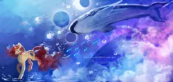 Size: 3400x1617 | Tagged: safe, artist:aquagalaxy, derpibooru import, oc, unofficial characters only, fish, jellyfish, pony, unicorn, bubble, cloud, crepuscular rays, female, flowing mane, flowing tail, horn, image, mare, ocean, png, red mane, sky, solo, sunlight, surreal, swimming, tail, underwater, water