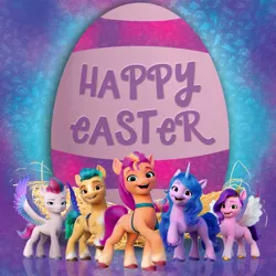 Size: 1080x1080 | Tagged: safe, derpibooru import, official, hitch trailblazer, izzy moonbow, pipp petals, sunny starscout, zipp storm, earth pony, pegasus, pony, unicorn, my little pony: a new generation, easter, facebook, g5, happy easter, holiday, image, jpeg, mane five (g5)