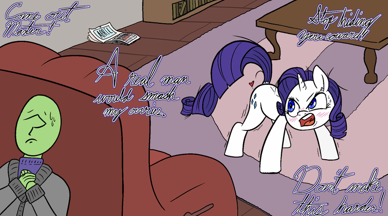 Size: 1940x1080 | Tagged: questionable, artist:happy harvey, derpibooru import, bon bon, rarity, sweetie drops, oc, oc:anon, human, pony, unicorn, angry, blushing, book, bookshelf, calendar, chair, clothes, coffee table, cowering, cursive writing, desperation, dialogue, drawn on phone, ear fluff, estrus, female, heart, heat, hiding, horny, image, imminent rape, imminent sex, male, mare, master, messy mane, open mouth, pet, png, raised tail, recliner, rug, scared, searching, shaking, slave, sweat, sweater, table, tail, turtleneck, wooden floor, yelling