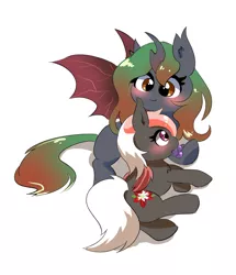 Size: 1731x2014 | Tagged: safe, artist:leo19969525, derpibooru import, oc, oc:amaryllis, unofficial characters only, bat pony, pony, commission, cute, duo, duo female, female, image, jpeg, simple background, smiling, white background