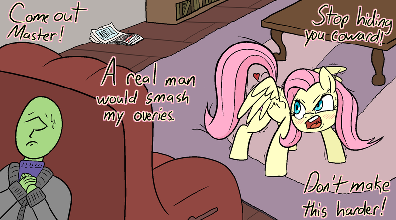 Size: 1940x1080 | Tagged: questionable, alternate version, artist:happy harvey, derpibooru import, bon bon, fluttershy, sweetie drops, oc, oc:anon, human, pegasus, pony, angry, blushing, book, bookshelf, calendar, chair, clothes, coffee table, cowering, cursive writing, desperation, dialogue, drawn on phone, ear fluff, estrus, female, heart, heat, hiding, horny, image, imminent rape, imminent sex, male, mare, master, messy mane, misspelling, open mouth, pet, png, raised tail, recliner, rug, scared, searching, shaking, slave, spread wings, sweat, sweatdrop, sweater, table, tail, turtleneck, wingboner, wings, wooden floor, yelling