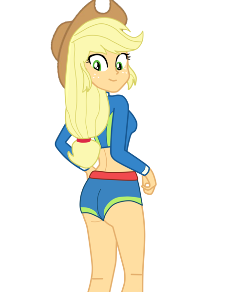 Size: 1896x2252 | Tagged: suggestive, artist:gmaplay, derpibooru import, applejack, equestria girls, equestria girls series, forgotten friendship, applebutt, applejack's beach shorts swimsuit, ass, breasts, busty applejack, butt, clothes, female, hat, image, legs, looking at you, looking back, looking back at you, overhead view, png, simple background, solo, solo female, swimsuit, transparent background