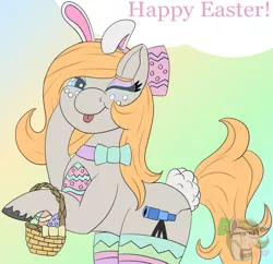Size: 1240x1200 | Tagged: safe, artist:gray star, derpibooru import, oc, oc:gray star, :p, basket, bow, bunny ears, bunny tail, clothes, collar, derpibooru exclusive, easter, easter basket, easter egg, glasses, hair bow, holiday, image, leggings, png, tail, tongue out