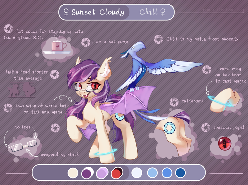 Size: 2683x2000 | Tagged: safe, artist:twinkling, derpibooru import, oc, oc:sunset cloudy, unofficial characters only, bat pony, original species, phoenix, pony, cute, cute little fangs, ear fluff, fangs, female, glasses, image, mare, pet, png, reference sheet, solo