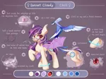 Size: 2683x2000 | Tagged: safe, artist:twinkling, derpibooru import, oc, oc:sunset cloudy, unofficial characters only, bat pony, original species, phoenix, pony, cute, cute little fangs, ear fluff, fangs, female, glasses, image, mare, pet, png, reference sheet, solo