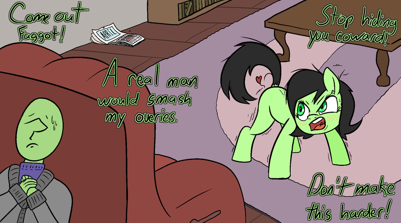 Size: 1940x1080 | Tagged: questionable, alternate version, artist:happy harvey, derpibooru import, oc, oc:anon, oc:anonfilly, unofficial characters only, earth pony, human, pony, angry, blushing, book, bookshelf, calendar, chair, clothes, coffee table, cowering, cursive writing, desperation, dialogue, drawn on phone, ear fluff, estrus, faggot, female, filly, heart, heat, hiding, horny, image, imminent rape, imminent sex, implied interspecies, implied rape, male, messy mane, misspelling, open mouth, png, raised tail, recliner, rug, scared, searching, shaking, sweat, sweater, table, tail, turtleneck, vulgar, wooden floor, yelling