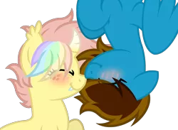 Size: 3000x2201 | Tagged: safe, artist:ponkus, derpibooru import, oc, oc:memeancholy, oc:ponkus, bat pony, hybrid, pegasus, pony, unicorn, blushing, boop, curved horn, cute, eyes closed, female, freckles, horn, image, mare, noseboop, png, simple background, transparent background, upside down