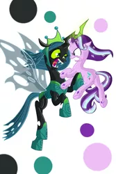 Size: 2000x3000 | Tagged: safe, artist:justsomepainter11, derpibooru import, queen chrysalis, starlight glimmer, changeling, pony, unicorn, season 9, the ending of the end, spoiler:s09, angry, duo, female, floppy ears, flying, image, jpeg, mare, open mouth, simple background, ultimate chrysalis, white background, wings