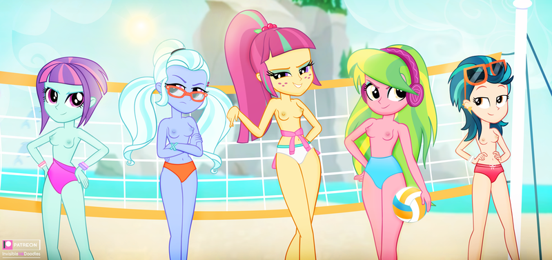 Size: 3698x1743 | Tagged: questionable, artist:invisibleink, derpibooru import, indigo zap, lemon zest, sour sweet, sugarcoat, sunny flare, equestria girls, beach, belly button, breasts, clothes, crossed arms, female, hand on hip, image, nipples, nudity, partial nudity, patreon, patreon logo, png, shadowbolts, smiling, sports, topless, volleyball, volleyball net