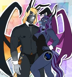Size: 3000x3200 | Tagged: suggestive, artist:hasana-chan, derpibooru import, oc, oc:indigo rose, oc:rege liliac, unofficial characters only, anthro, bat pony, pony, unguligrade anthro, anthro oc, bat pony oc, bat wings, big breasts, bowtie, breasts, bunny ears, bunny suit, clothes, couple, digital art, easter, female, holiday, image, looking at you, male, male nipples, mare, milf, nipples, nudity, oc x oc, png, shipping, slit pupils, smiling, stallion, straight, underwear, wings