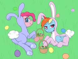 Size: 2800x2106 | Tagged: safe, artist:sufficient, derpibooru import, pinkie pie, rainbow dash, pony, animal costume, bunny costume, bunny ears, candy, clothes, costume, easter, easter egg, food, grass, grumpy, happy, holiday, image, lying down, png